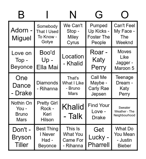 Music Bingo - 2010s Bingo Card