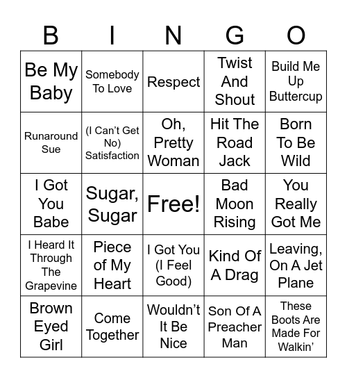 60's Hits Bingo Card