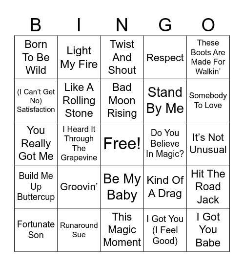 60's Hits Bingo Card