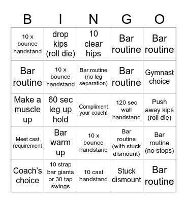 Xcel Gold Bars Bingo Card