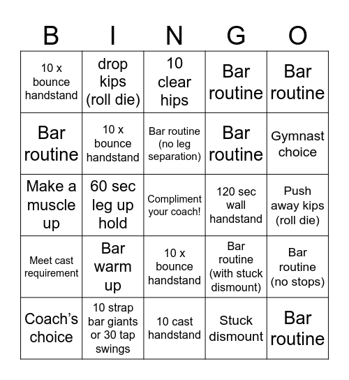 Xcel Gold Bars Bingo Card