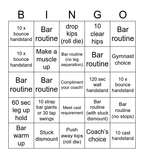 Xcel Gold Bars Bingo Card