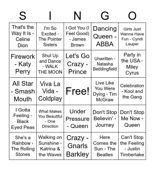 Feel Good SINGO! Bingo Card