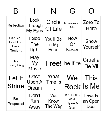 Disney Songs Bingo Card