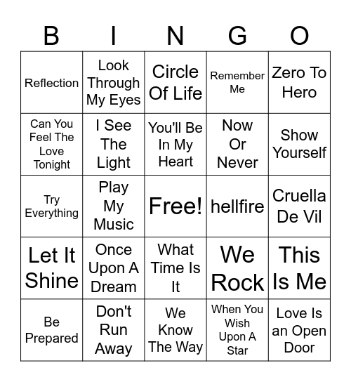 Disney Songs Bingo Card
