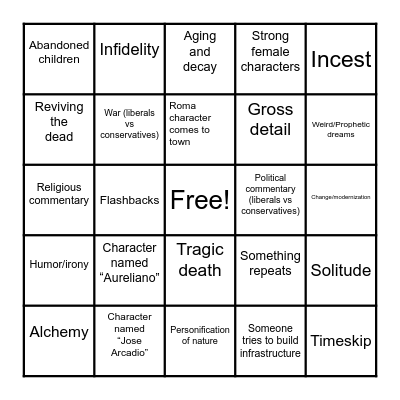 One Hundred Years of Solitude Bingo Card