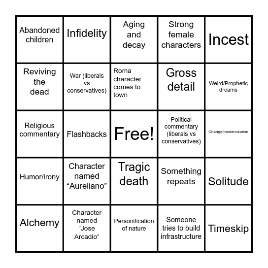 One Hundred Years of Solitude Bingo Card