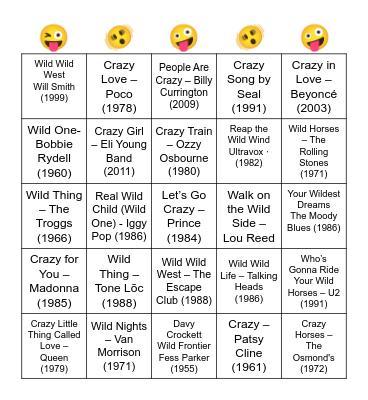 "WILD" AND "CRAZY" MUSIC BINGO Card