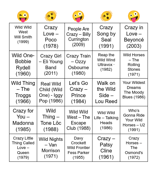 "WILD" AND "CRAZY" MUSIC BINGO Card