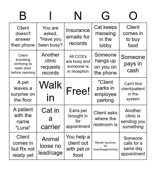 Veterinary Receptionist Week Bingo Card