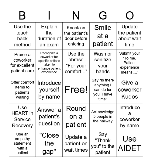 Patient Experience Bingo 2026 Bingo Card