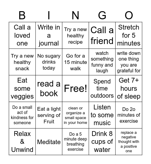 Summer Wellness Bingo Card