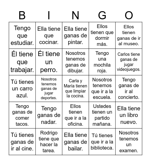 Expressions with Tener Bingo Card
