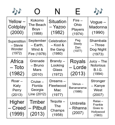 ONE WORD TITLE SONGS Bingo Card