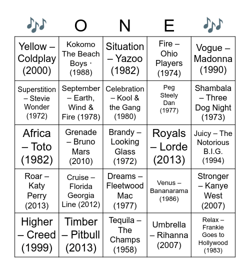 ONE WORD TITLE SONGS Bingo Card