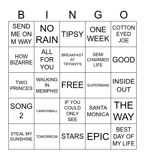 ONE HIT WONDER Bingo Card