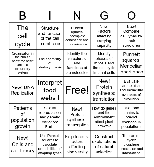 IXL Biology Growth Bingo Card