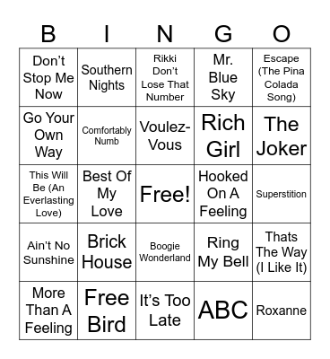 70's Hits Bingo Card