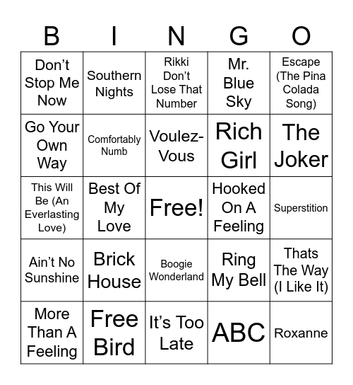 70's Hits Bingo Card