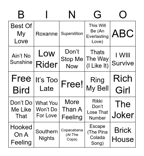 70's Hits Bingo Card