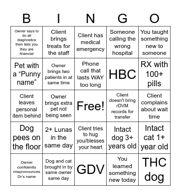 Veterinary CSR Bingo Card