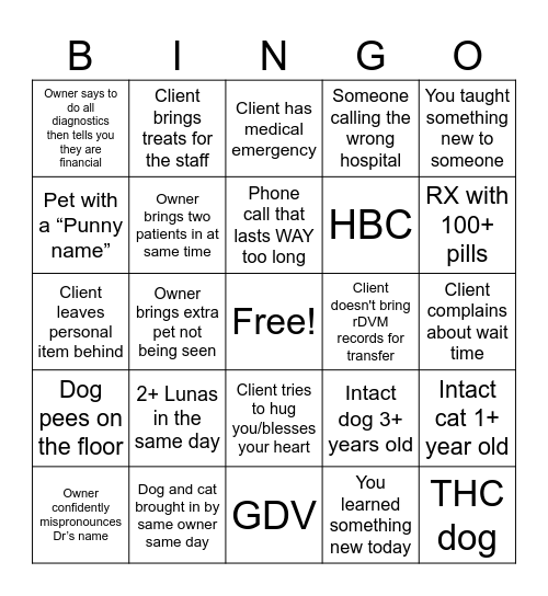 Veterinary CSR Bingo Card