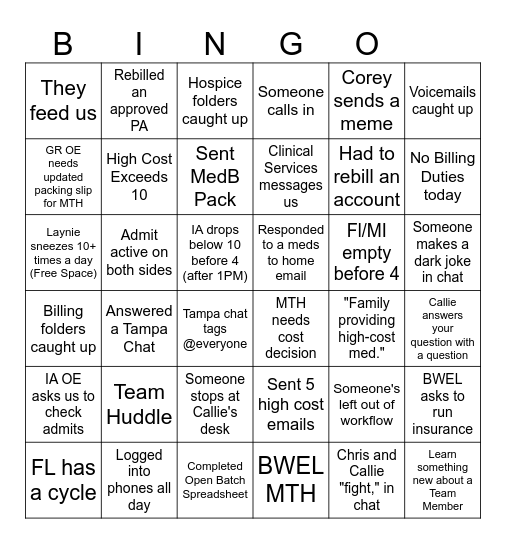 Pharmacy Billing Bingo Card