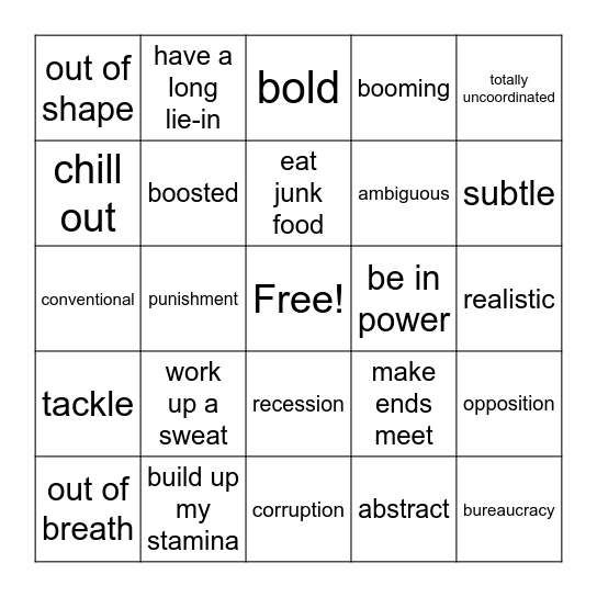 Vocabulary Unit 5 Bingo Card