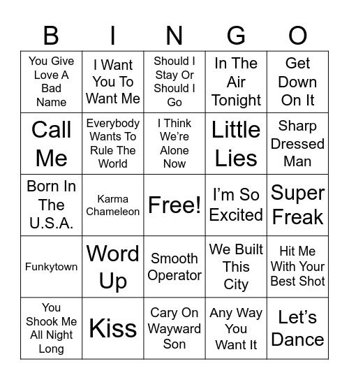 80's Hits Bingo Card