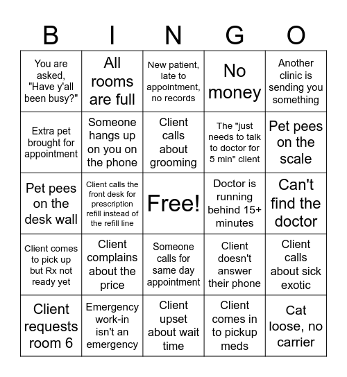 Veterinary Receptionist Bingo Card