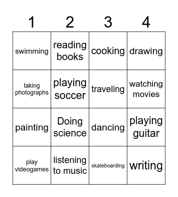 HOBBIES VOCABULARY Bingo Card
