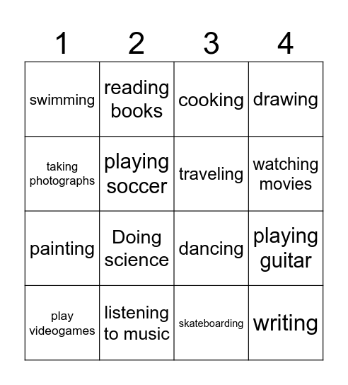HOBBIES VOCABULARY Bingo Card