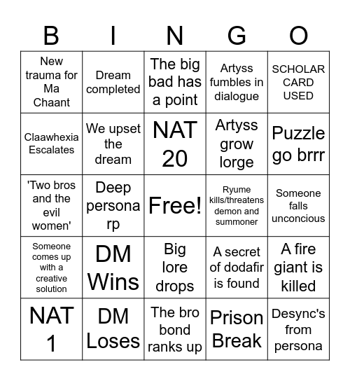 Wildemount Bingo Card