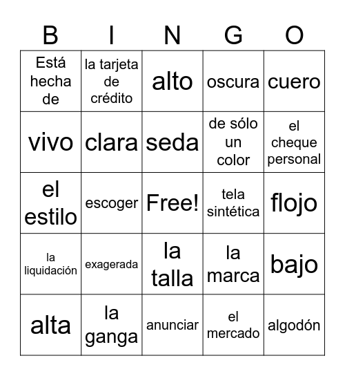 Realidades 2 - Vocabulary 2B Bingo Card