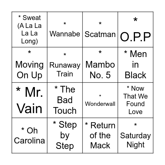60s Hits Bingo Card
