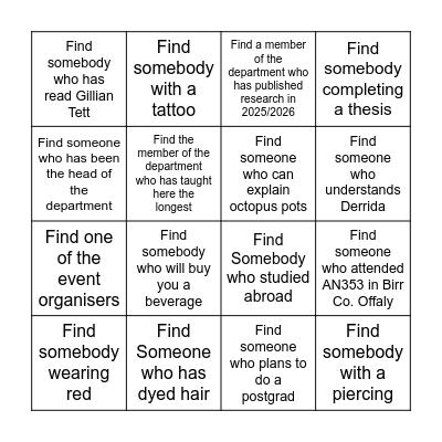 Anthropology Night! Bingo Card