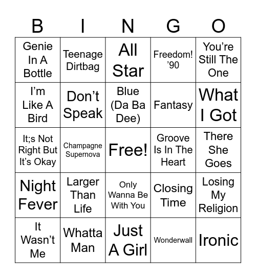 90's Hits Bingo Card