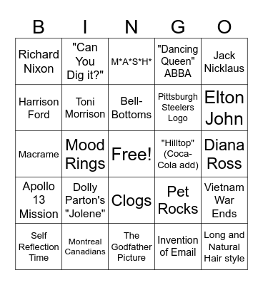 1970's Bingo Card