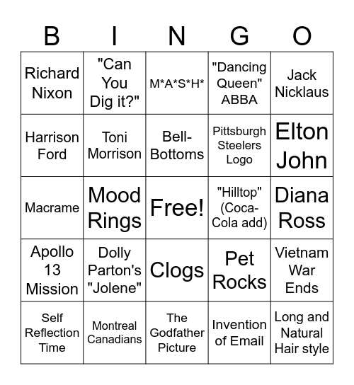 1970's Bingo Card