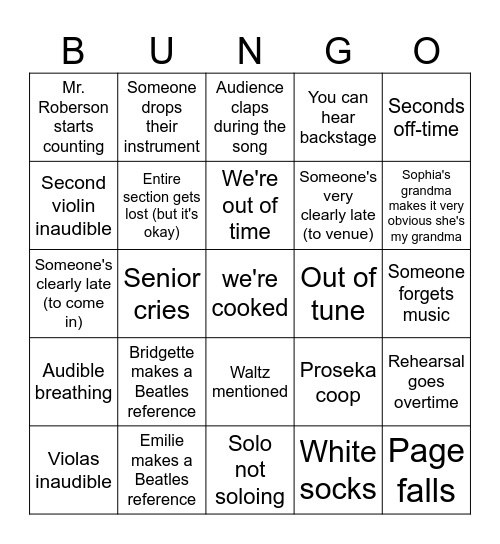 Strings concert bungo Bingo Card