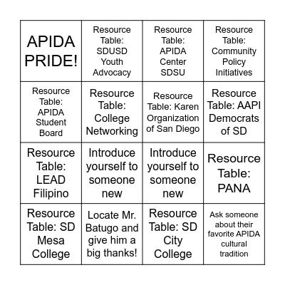 APIDA HERITAGE BINGO Card