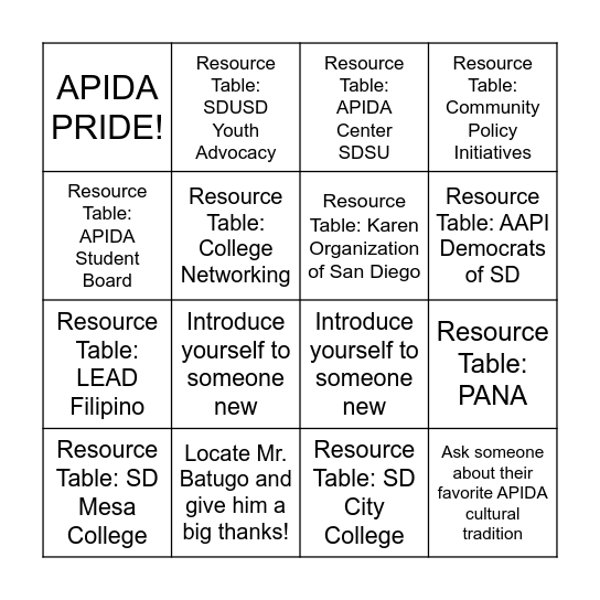 APIDA HERITAGE BINGO Card