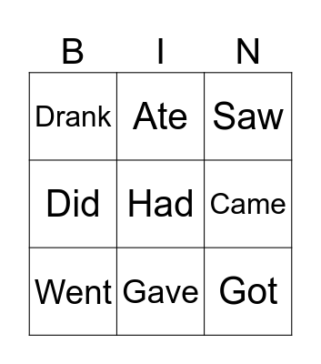 Past Tense Irregular Verbs Bingo Card