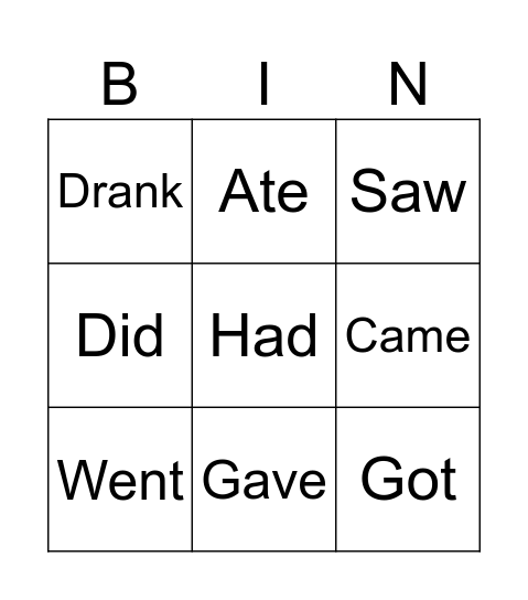 Past Tense Irregular Verbs Bingo Card