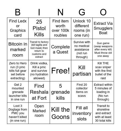 Tarkov Bingo Customs Bingo Card