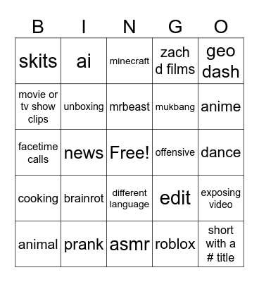 youtube short bingo Card