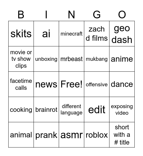 youtube short bingo Card