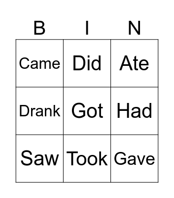 Past Tense Irregular Verbs Bingo Card