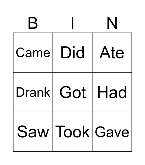 Past Tense Irregular Verbs Bingo Card