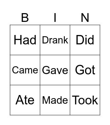 Past Tense Irregular Verbs Bingo Card